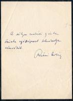 Rékai Miklós (1906-1959) hárfa- és zongoraművész, zeneszerző kondoleáló sorai ismeretlen részére, aláírással.