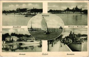 1933 Siófok, Sió részlet a Rózsaligettel, strandfürdő, Sió bejárat, hajókikötő Szigliget gőzhajóval