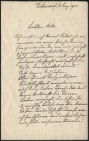 1911 Popper Dávid (1843-1913) gordonkaművész saját kézzel írt levele, német nyelven, autográf aláírásával, 2 beírt oldal.