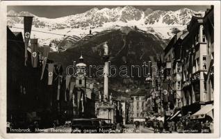 Innsbruck, Maria Theresiastrasse gegen Nordkette / street, automobile, Nazi swastika flags (EK)