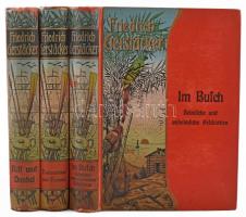 Friedrich Gerstäcker 3 könyve: Im Busch. Australische Erzählung. Heimliche und unheimliche Geschichten; Einheimisches und Fremdes; Hell und Dunkel. Gesammelte Erzählungen. Friedrich Gerstäckers Werke. Berlin, é.n., Neufeld & Genius. Német nyelven. Kiadói illusztrált, festett egészvászon sorozatkötésben, nagyrészt jó állapotban, a borítókon némi kopással.