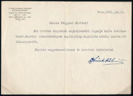 1951 Lissák Kálmán (1908-1982) Kossuth-díjas orvos, neurofiziológus, neuroendokrinológus, agykutató gépelt levele Völgyesi Ferenc (1895-1967) orvos, pszichiáter és hipnotizőr részére, autográf aláírással.