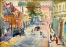 Uhrig Zsigmond (1919-1993): Forgatag, 1959. Akvarell, papír, jelzett, hátoldalán Képcsarnok Vállalat címkéivel. Üvegezett, dekoratív fakeretben, 24×31 cm