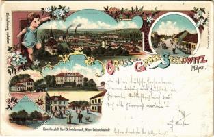 1898 (Vorläufer) Zidlochovice, Gross Seelowitz; Hauptstrasse, Rathaus, Bahnhof-Gebäude, Neue Eisernebrücke, Schloss Erz. Friedrich / main street, town hall, railway station, new railway bridge, castle. Kunstanstalt Karl Schwidernoch Art Nouveau, floral, litho (EB)