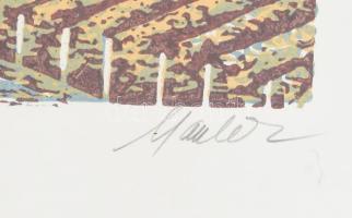 Csavlek András (1942-): Balatoni szőlőhegyek. Színes linómetszet, papír, jelzett, számozott (6/50). ...