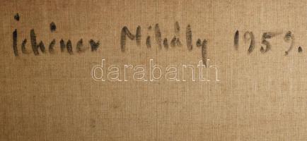 Schéner Mihály (1923-2009): Kékben úszó táj, 1959. Olaj, vászon, jelezve jobbra lent. Hátoldalán aut...