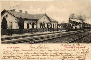 1901 Verőce, Nógrádverőce; vasútállomás, gőzmozdony, vonat