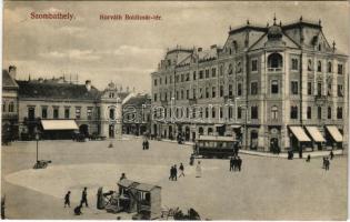 1913 Szombathely, Horváth Boldizsár tér, villamos, piac, Hungária szálloda, üzletek (ázott sarok / wet corner)