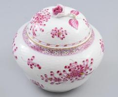 Herendi Apponyi mintás porcelán bonbonier, plasztikus rózsa fogóval, kézzel festett, jelzett, hibátlan, d: 16,5 cm, m: 16 cm