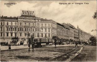 Budapest VI. Andrássy út és Oktogon tér, villamos, Altenburger János M. kir. Operaház tag vezetése alatt álló zeneiskola, akadémiai előkészítő tanfolyam, Adler Miksa Szabadalmi ügyvivői iroda, Bass Sarolta női ruha üzlete, Menton kávéház, villamos, Hunter Whisky reklám. Schwarz J. 1908.
