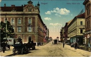 1914 Szeged, Kállay Albert utca, villamos, lovas hintók, Mayer Ferdinánd és fia, Schlesinger S. üzlete (EK)