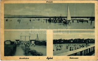 1943 Agárd, Strandbejárat, kabinrészlet, tórészlet. Nagy Vendelné kiadása (gyűrődések / creases)