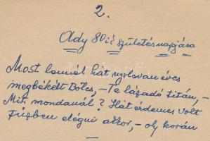 cca 1957 Dutka Ákos (1881-1972) költő, író saját kézzel írt, "Ady 80-ik születésnapjára" c...