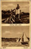 1942 Agárd, Gárdonyi Géza szobra, tó részlet vitorlással. Csajka Bazár kiadása (EK)