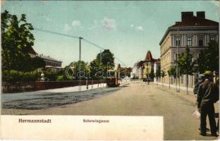 1915 Nagyszeben, Hermannstadt, Sibiu; Schewisgasse / utca, villamos. G.A. Seraphin, Jos. Drotleff / street, tram