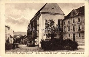 1930 Nagyszeben, Hermannstadt, Sibiu; Biserica si Institut Maicelor Irsuline / Szent Ursula templom és zárda, villamos. Jos. Drotleff Nr. 105. / church and nunnery, tram (EK)