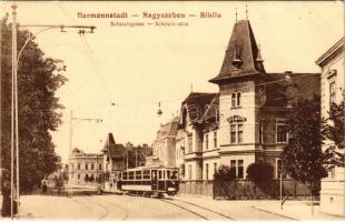 1913 Nagyszeben, Hermannstadt, Sibiu; Schewisgasse / Schewis utca, villamos. H. Commerth kiadása / street, tram