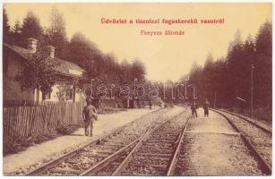 1907 Tiszolc, Tisovec; Fenyves fogaskerekű vasútállomás. Kreisler József kiadása / Zbojská cogwheel railway station