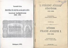 4db-os numizmatikai irodalom tétel, közte Tower Hugó: I. Ferenc József fémpénzei 1848-1916. Budapest, 1926/1929. + Dr. Bázlik László György: Magyar Papírpénzek - Pengő és Forint 1926-1973. Katalógus. Budapest 1974. + Becherer Károly: Magyarország fém- és papírpénzei 1867-1892. Baja, MÉE Bajai Csoportja, 1990. tűzött, fénymásolt változat + Tasnádi Géza: Érték és ritkaságjelzés. Magyar papírpénzek 1848-1992. Budapest 1995. fénymásolt változat. Használt állapotban.