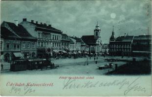 1899 (Vorläufer) Kolozsvár, Cluj; Fő tér északkeleti oldala este, városi vasút, vonat, Europa kávéház, Kiss Ernő, Gergely Ferenc üzlete, piac / main square, urban railway, train, café, shops, market at night (EK)