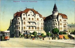 1915 Nagyvárad, Oradea; Fekete Sas nagy szálloda, villamos, piac. Lang József kiadása / hotel, tram, market (EK)