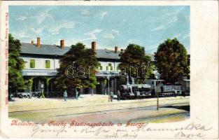 1902 Eszék, Essegg, Osijek; vasútállomás, gőzmozdony, vonat. Eugen Selzer kiadása / railway station, locomotive, train (EK)