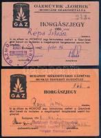 1949-1950 Bp., Gázművek horgász szakosztálya által kiállított horgászjegyek, 2 db különböző