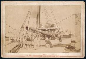 cca 1900 S.M.S.Rudolf (1889-1922) pre-dreadnought hadihajó ágyui. Alois Beer kabinetfotó. Jelzett. 17x11 cm / , Original sepia studio photograph (horizontal) by Alois Beer himself. This well-known photograph shows the aft barbette housing one of S.M.S. Kronprinz Erzherzog Rudolf&#039;s 12-inch guns. In the foreground, an ubiquituous 7 cm landing gun. This photograph is reproduced on page 92 of L. Bamugartner and E. Sieche&#039;s Die Schiffe der k.(u.)k. Kriegsmarine im Bild, Vol I, 1848-1895.