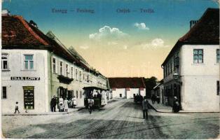 1915 Eszék, Essegg, Osijek; Festung / Tvrdja / tér, villamos, Isak Löwy üzlete / square, tram, shop (EK)