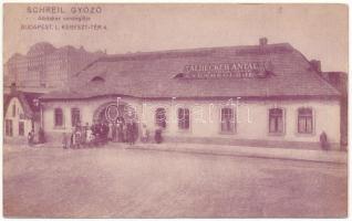 1932 Budapest I. Tabán, Albecker Antal veje Schreil Győző vendéglője, Kertész tér 4., étterem, háttérben a Budai vár (ázott / wet damage)