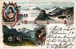 1905 Ridanna, Ridnaun (Südtirol); Gruss vom Kaiserin Elisabeth Schutzhaus af dem Becher / Rifugio Gino Biasi / mountain rest house. Karl Schwidernoch Art Nouveau, floral, litho (EB)