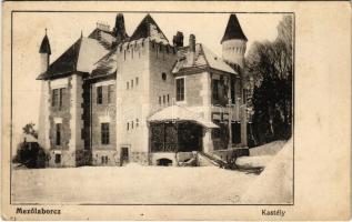 Mezőlaborc, Medzilaborce; Lovag Skoda kastély télen. Schönfeld Sámuel kiadása / castle in winter + "MEZŐLABORC P.U." pályaudvari pecsét (ázott / wet damage)