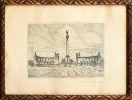 Farkas Rozália (1894-1929): Hősök tere, Budapest. Rézkarc, papír. jelzett. Üvegezett fakeretben. Lap...