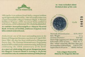 2005. 10Ft Cu-Ni "József Attila" sorszámozott emléklapon, "10628" sorszámmal T:U...