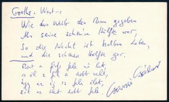 1986 Garai Gábor (1929-1987) Kossuth-díjas költő, író, műfordító, kritikus német nyelvű autográf sorai és aláírása kártyán.