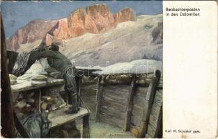 Beobachterposten in den Dolomiten. Offizielle Karte für Rotes Kreuz, Kreigsfürsorgeamt, Kriegshilfsbüro Nr. 519. / WWI Austro-Hungarian K.u.K. military art postcard s: Karl. M. Schuster (EK)