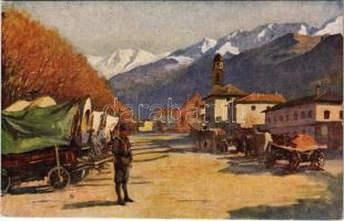 Strasse in Persen, Suganatal (Südtirol). Kriegshilfsbüro Nr. 534. / WWI Austro-Hungarian K.u.K. military, street view with soldiers and waggons in Pergine Valsugana s: Karl M. Schuster