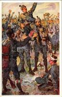 Am 18. Oktober 1914 gelang es dem I. Bataillon des Tiroler Landesschützenregimentes Nr. 1. von seinem Führer, Hauptmann Rudolf Kulka, zur höchsten Kraftentfaltung angefeuert, durch einen tollkühnen Sturmangriff die heißumstrittene, uneinnehmbar scheinende Magierahöhe dem Feinde zu entreißen. Voll Begesiterung hoben dann die wackeren Tiroler ihren siegreichen Führer auf die Schultern. Aus dem goldenen Buche der Armee Serie I. Offizielle Karte üfr Rotes Kreuz, Kriegsfürsorgeamt, Kriegshilfsbüro Nr. 207. / WWI Austro-Hungarian K.u.K. military art postcard, support fund s: Marussig