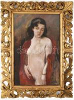 Aczél Henrik Emil (1876-1946): Női akt vörös lepellel. Olaj, karton, jelezve jobbra lent. Üvegezett florentin fakeretben. 84×53 cm / oil on board, signed, in decorative frame. KIZÁRÓLAG SZEMÉLYES ÁTVÉTEL, NEM POSTÁZZUK! / ONLY PERSONAL COLLECTION AT OUR OFFICE!