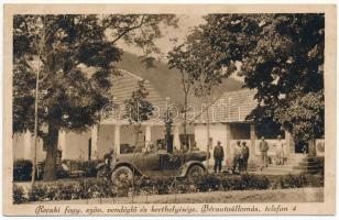 1930 Recsk, a recski fogyasztási szövetkezet vendéglője és kerthelyisége, étterem kertje, bérautóállomás, automobil (ázott / wet damage)