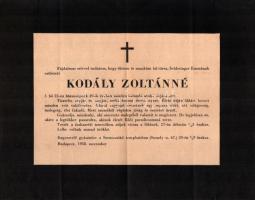 1958 Kodály Zoltánné Sándor Emma (1863-1958) zeneszerző, műfordító Kodály Zoltán (1882-1967) zeneszerző, zenepedagógus feleségének halálozási értesítője, a hátoldal kézi címzéssel Braun Paula (1881-1962) zongoraművész, pedagógus részére.