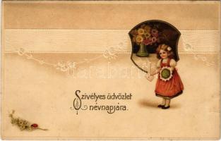 Szíves üdvözlet névnapjára. Szecessziós dombornyomott lap / Art Nouveau embossed litho Name Day greeting. Amag No. 971. (szakadás / tear)