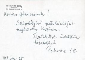 1998 Petrovics Emil (1930-2011) kétszeres Kossuth-díjas és kétszeres Erkel Ferenc-díjas zeneszerző, érdemes és kiváló művész saját kézzel írt levele, aláírással, borítékkal.