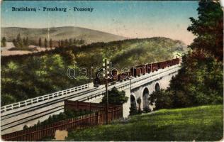 1923 Pozsony, Pressburg, Bratislava; vasúti híd, gőzmozdony, vonat / railway bridge, locomotive, train (Rb)