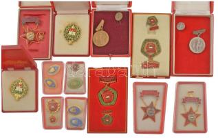 15db vegyes, főleg magyar szocialista kitüntetés, jelvény tokban, közte 2db csehszlovák kitüntetéssel, "Magyar Államvasutak 20, 30 éves szolgálatáért" aranyozott, ezüstözött, zománcozott és műgyantás jelvények (5x) T:AU,XF