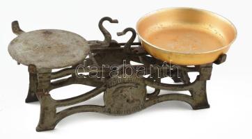 Régi öntöttvas háztartási mérleg, fém tálcával Oroszlános emblémával 40 cm