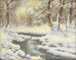 Dandé József (?-?): Téli patak. Olaj, karton, jelzett, keretben, 38x29 cm