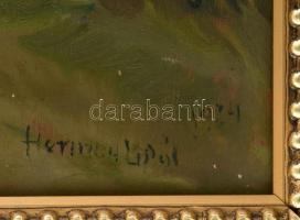 Hermann Lipót (1884-1972): Falusi táj, nyárfákkal Olaj, vászon. Jelzett. sérült. Kissé sérült fakere...