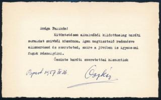 1957 Maleczky Oszkár (1894-1972) operaénekes gépelt köszönetnyilvánító sorai, Kossuth-díjhoz gratuláló sorokra válaszul, barátja Kallós Pál (?) részére, borítékkal, autográf aláírással.