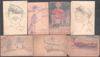 14 db I. világháborús tábori posta levelezőlap, rajtuk ceruzarajzok, karikatúrák (főként háborús, ka...